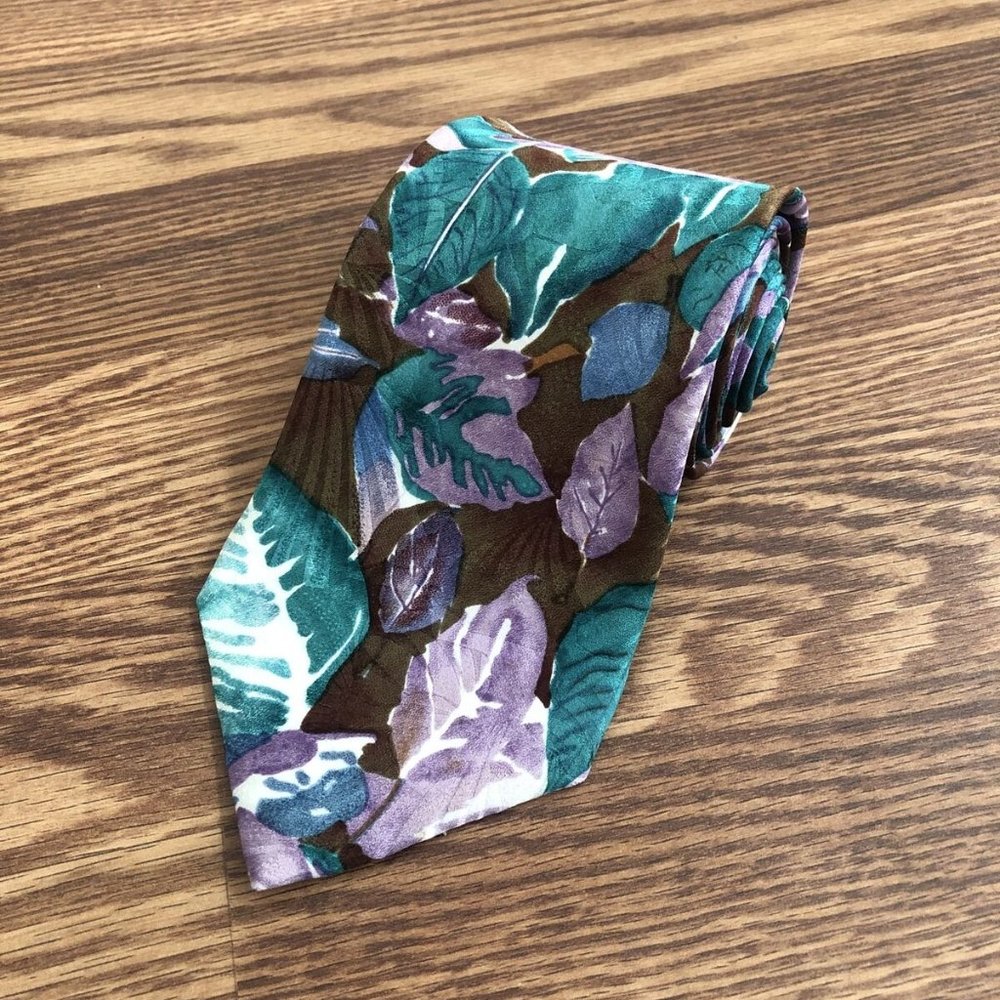 Jazz Men Silk Retro Floral Teal Purple Brown Tie 58” L X 4” W